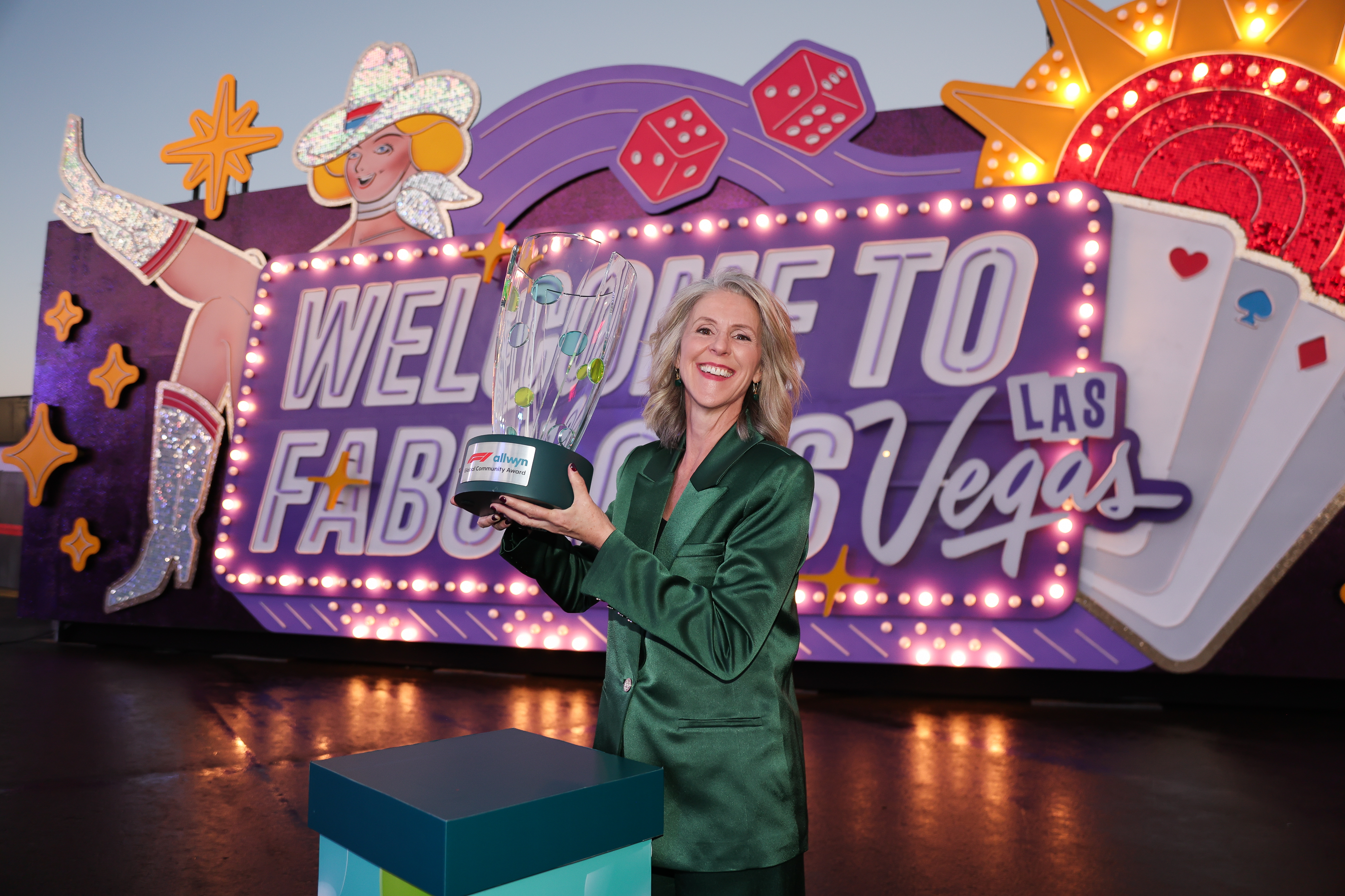 Ciara Byrne receives the F1® Allwyn Global Community Award in Las Vegas on behalf of winning initiative Green Our Planet ahead of the Formula 1® Heineken Las Vegas Grand Prix 2025.